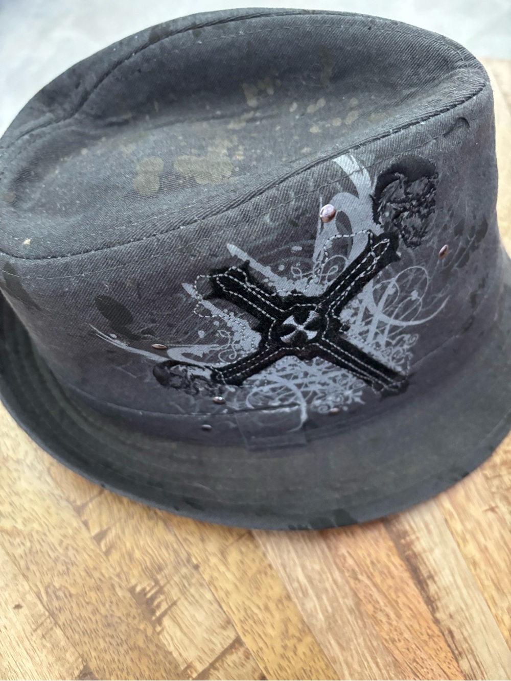 Black Graphic Fedora Hat with Embroidered Cross